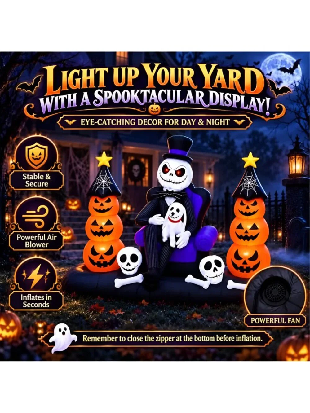 8FT Halloween Inflatables Outdoor Decorations, LED Lighted Inflatable Skeleton